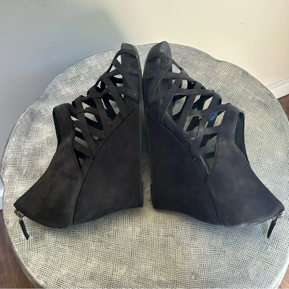 Eileen Fisher ~Black Cage Open Toe Italian Leather Nubuck Wedges Shoes size 9.5